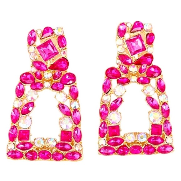 Pink Earrings Geometric Square Crystal Drop Rhinestone Dangle Earrings - Picture 1 of 5